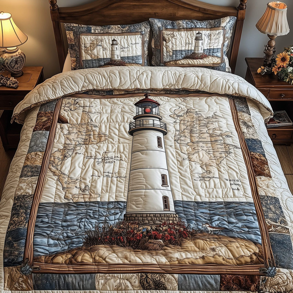 Path of the Mariners quilted 3-piece bedding set on a made bed in a warmly lit bedroom