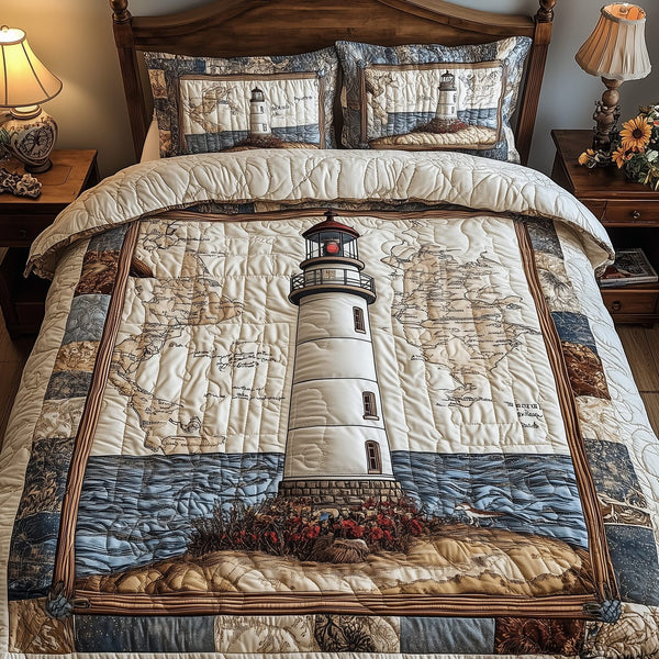 Path of the Mariners quilted 3-piece bedding set on a made bed in a warmly lit bedroom