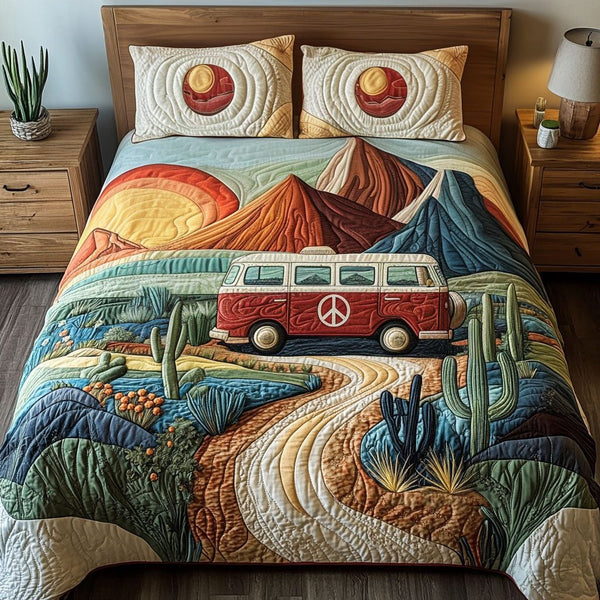 Path to the Horizon quilted 3-piece bedding set on a made bed with two matching pillow shams