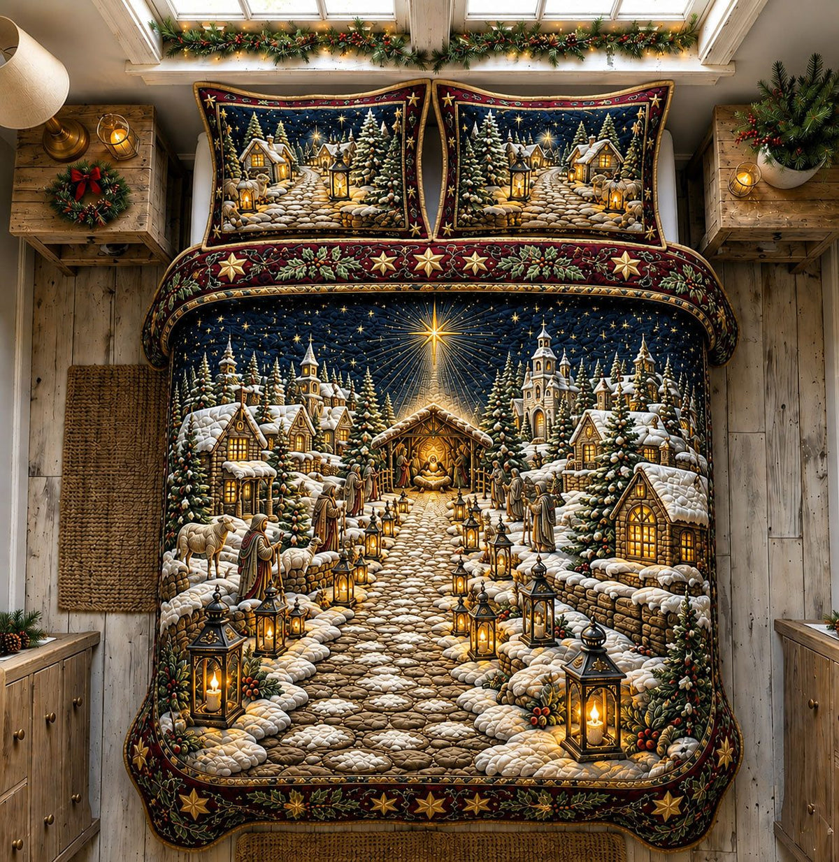 Path to the Manger quilted 3-piece bedding set on a made bed with two matching pillow shams