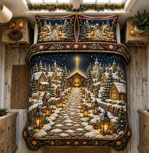 Path to the Manger quilted 3-piece bedding set on a made bed with two matching pillow shams