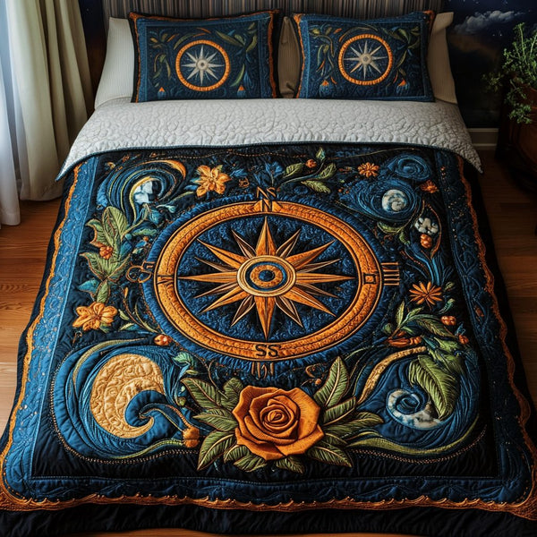 Pathfinder Comfort quilted 3-piece bedding set on a made bed with two matching pillow shams