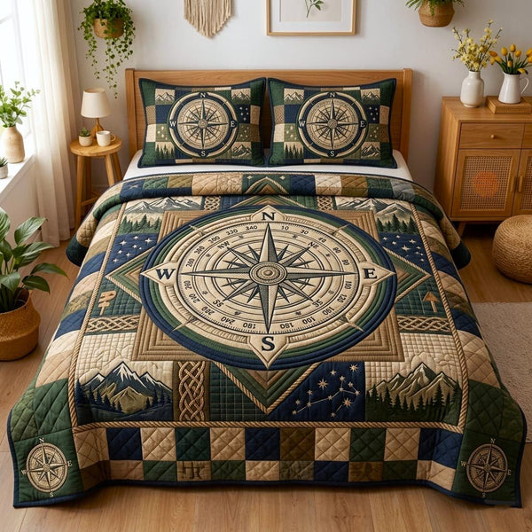 Pathfinder Spirit quilted 3-piece bedding set on a made bed with two matching pillow shams