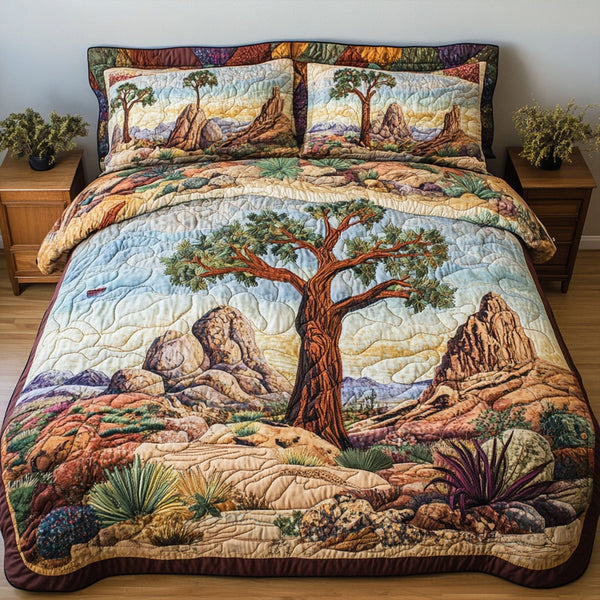 Pathway of Joshua quilted 3-piece bedding set on a made bed with two matching pillow shams