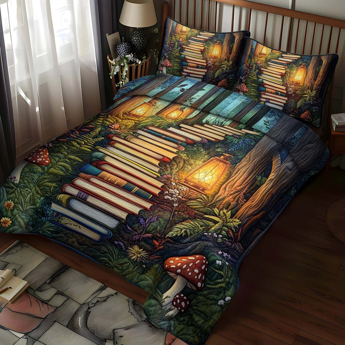 Pathway Of Stories quilted 3-piece bedding set on a made bed with two matching pillow shams