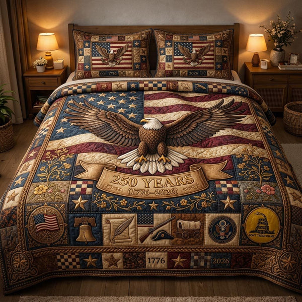 Patriot 250 quilted 3-piece bedding set on a made bed in a warmly lit bedroom