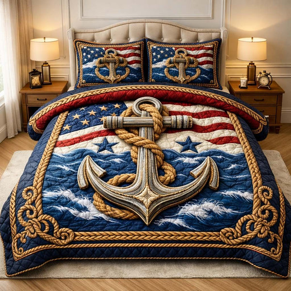Patriot Anchor quilted 3-piece bedding set on a made bed in a warmly lit bedroom