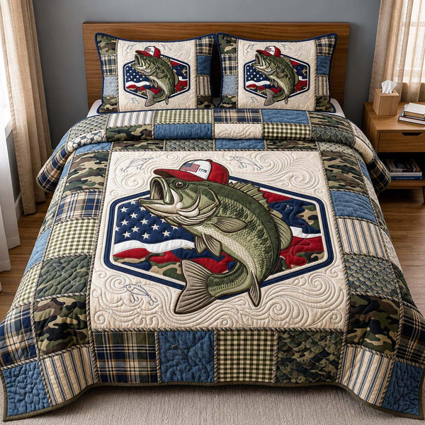 Patriot Bass quilted 3-piece bedding set on a made bed in a warmly lit bedroom