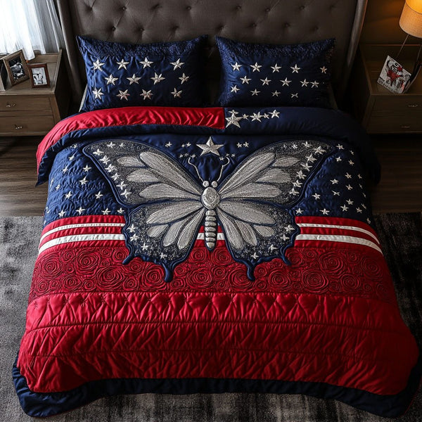 Patriot Bloom quilted 3-piece bedding set on a made bed in a warmly lit bedroom