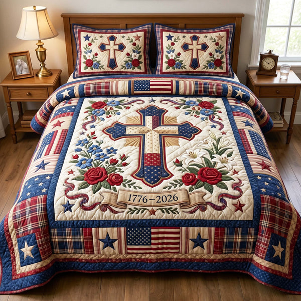 Patriot Blossom quilted 3-piece bedding set on a made bed in a warmly lit bedroom