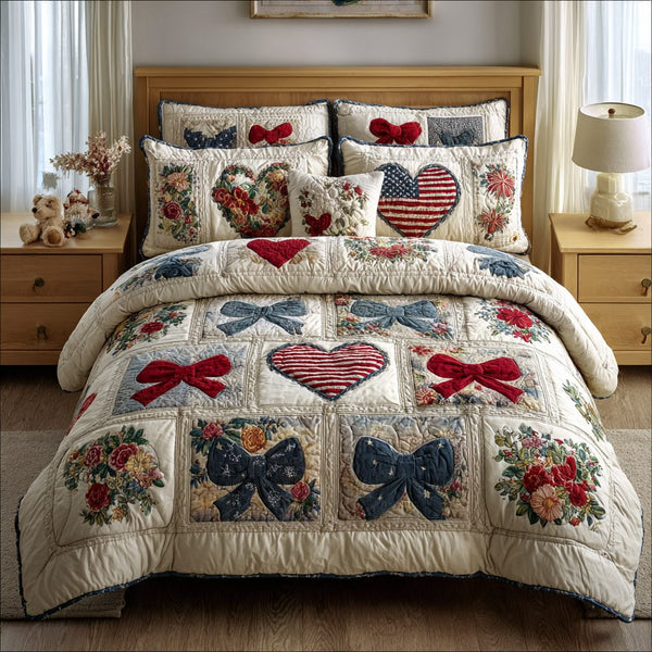 Patriot Bows quilted 3-piece bedding set on a made bed in a warmly lit bedroom