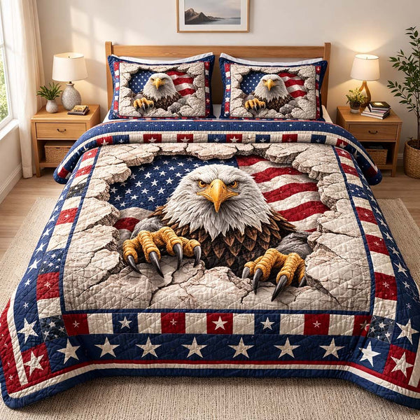 Patriot Breakthrough quilted 3-piece bedding set on a made bed in a warmly lit bedroom