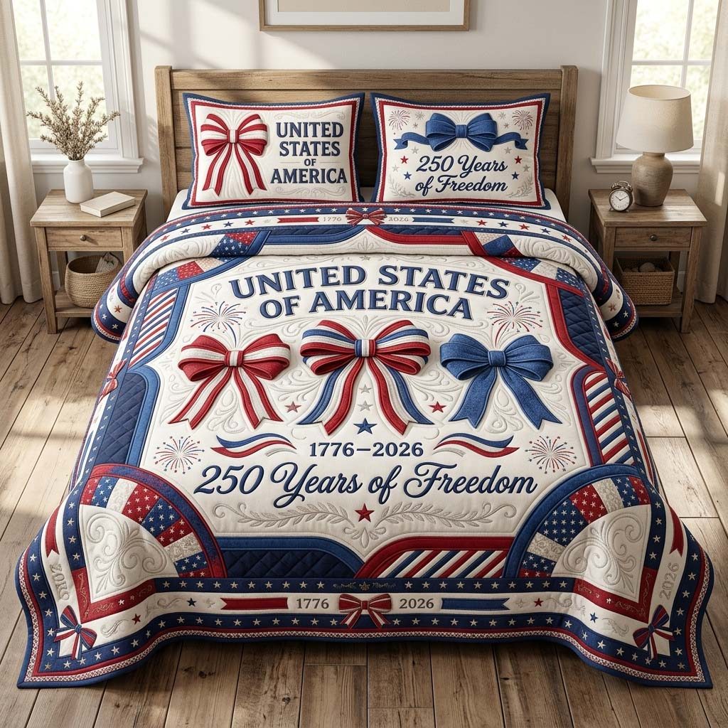 Patriot Charm quilted 3-piece bedding set on a made bed in a warmly lit bedroom