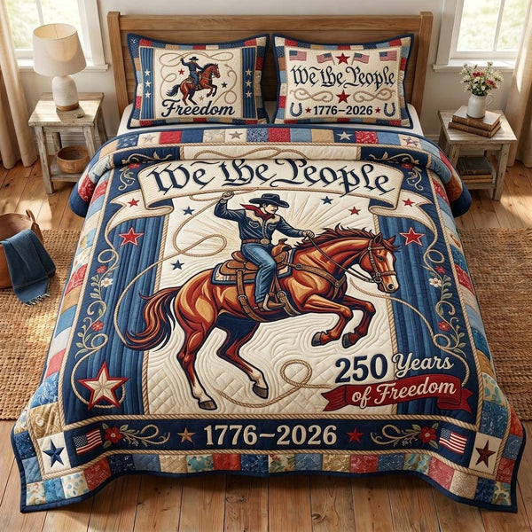Patriot Cowboy quilted 3-piece bedding set on a made bed in a warmly lit bedroom