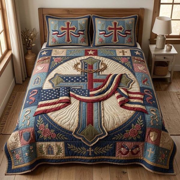 Patriot Cross quilted 3-piece bedding set on a made bed in a warmly lit bedroom