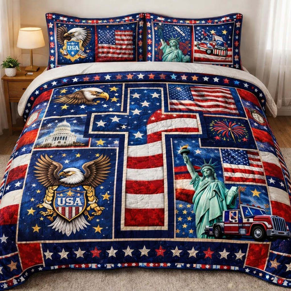 Patriot Crossroads quilted 3-piece bedding set on a made bed in a warmly lit bedroom