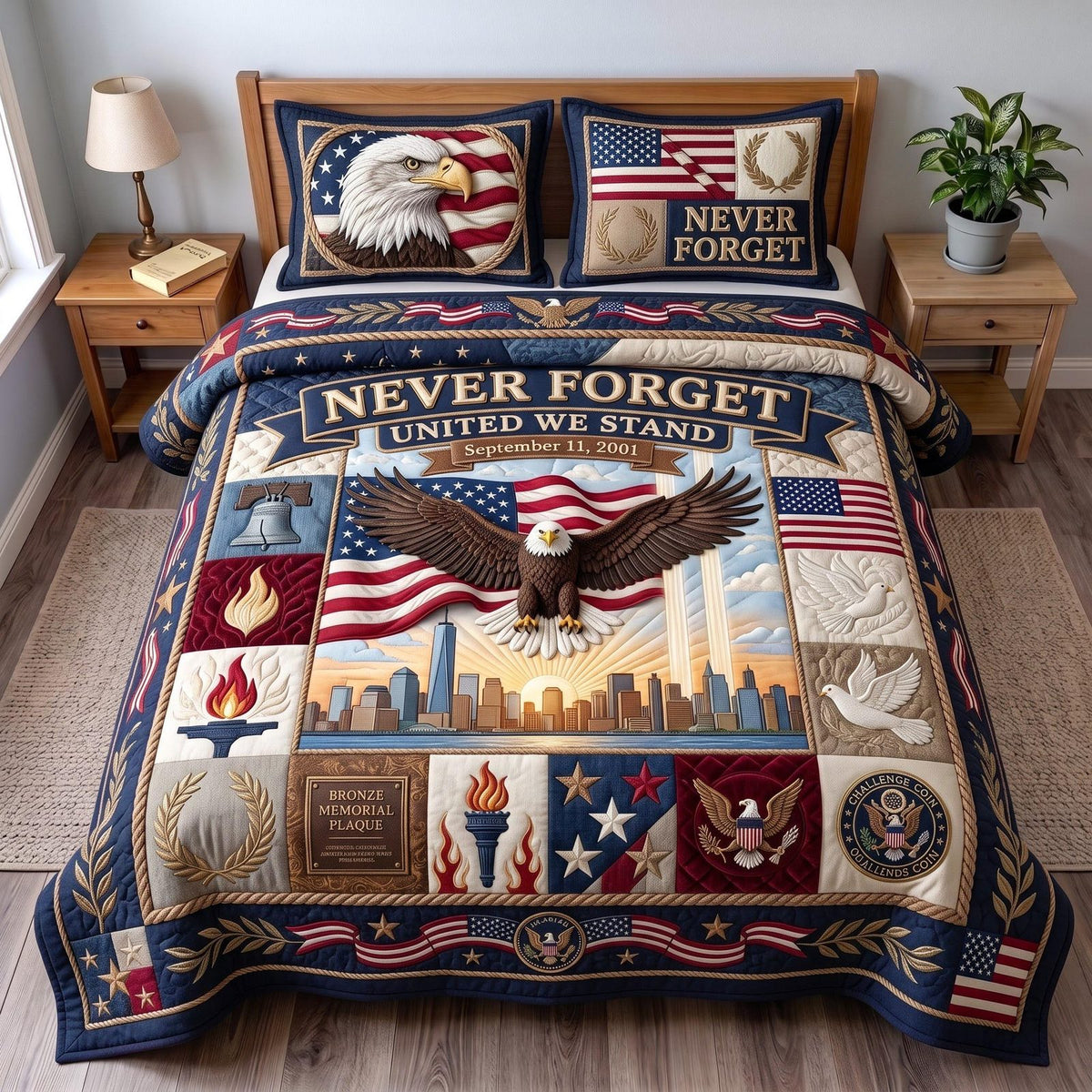 Patriot Day quilted 3-piece bedding set on a made bed in a warmly lit bedroom