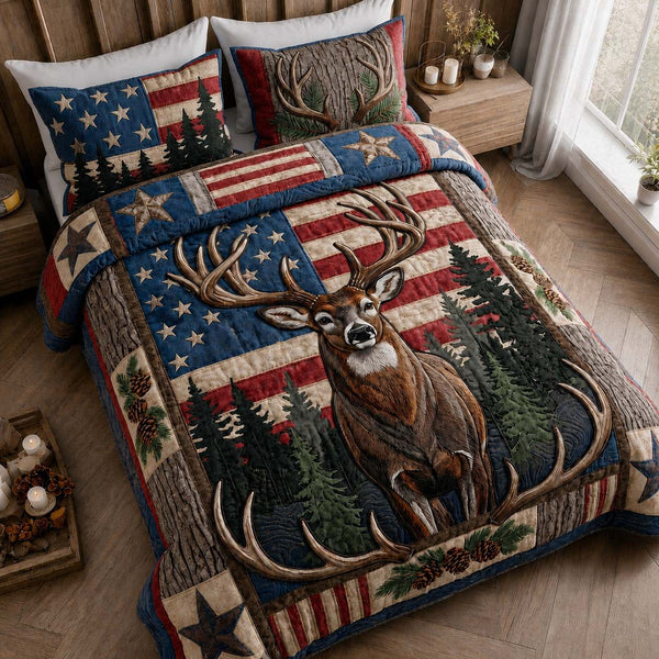 Patriot Deer quilted 3-piece bedding set on a made bed in a warmly lit bedroom