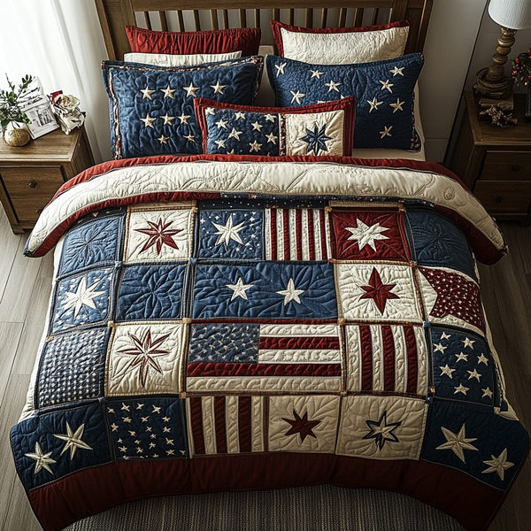 Patriot Dream quilted 3-piece bedding set on a made bed in a warmly lit bedroom