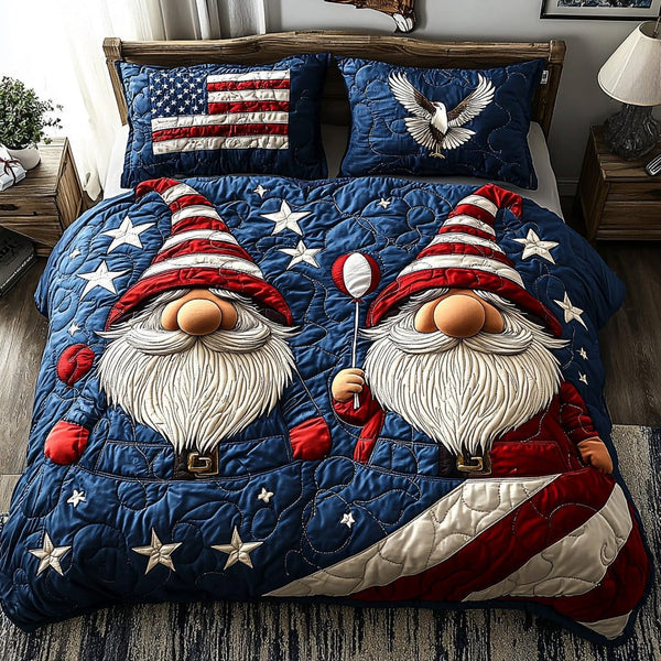 Patriot Dreams quilted 3-piece bedding set on a made bed in a warmly lit bedroom