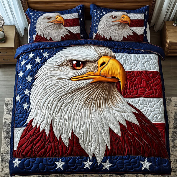 Patriot Eagle quilted 3-piece bedding set on a made bed in a warmly lit bedroom