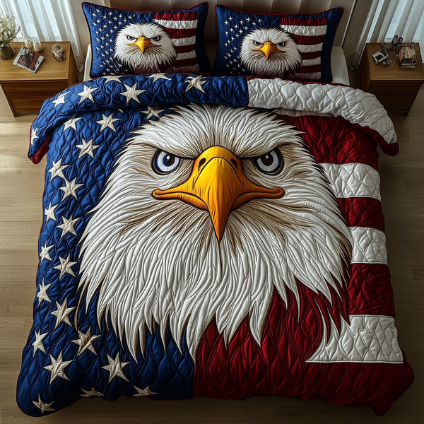 Patriot Eagle quilted 3-piece bedding set on a made bed in a warmly lit bedroom
