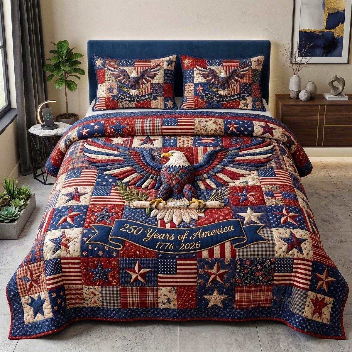 Patriot Eagle quilted 3-piece bedding set on a made bed in a warmly lit bedroom