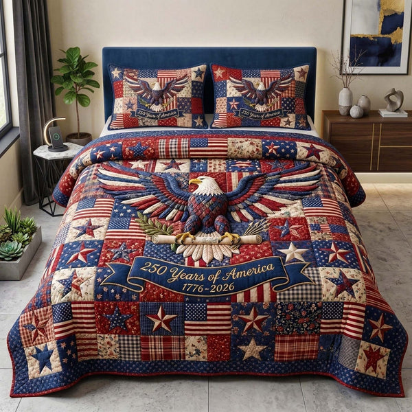 Patriot Eagle quilted 3-piece bedding set on a made bed in a warmly lit bedroom