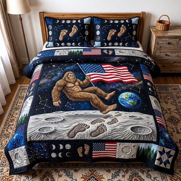 Patriot Explorer quilted 3-piece bedding set on a made bed in a warmly lit bedroom