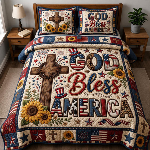 Patriot Faith quilted 3-piece bedding set on a made bed in a warmly lit bedroom