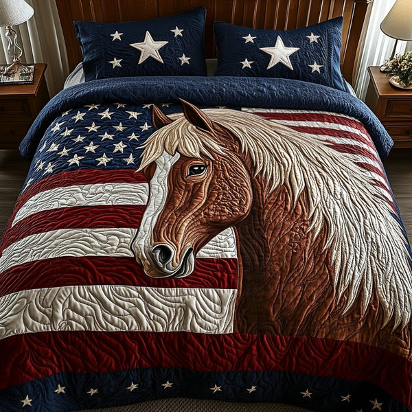 Patriot Gallop quilted 3-piece bedding set on a made bed in a warmly lit bedroom