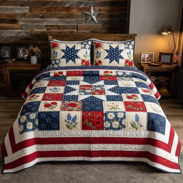 Patriot Garden quilted 3-piece bedding set on a made bed in a warmly lit bedroom