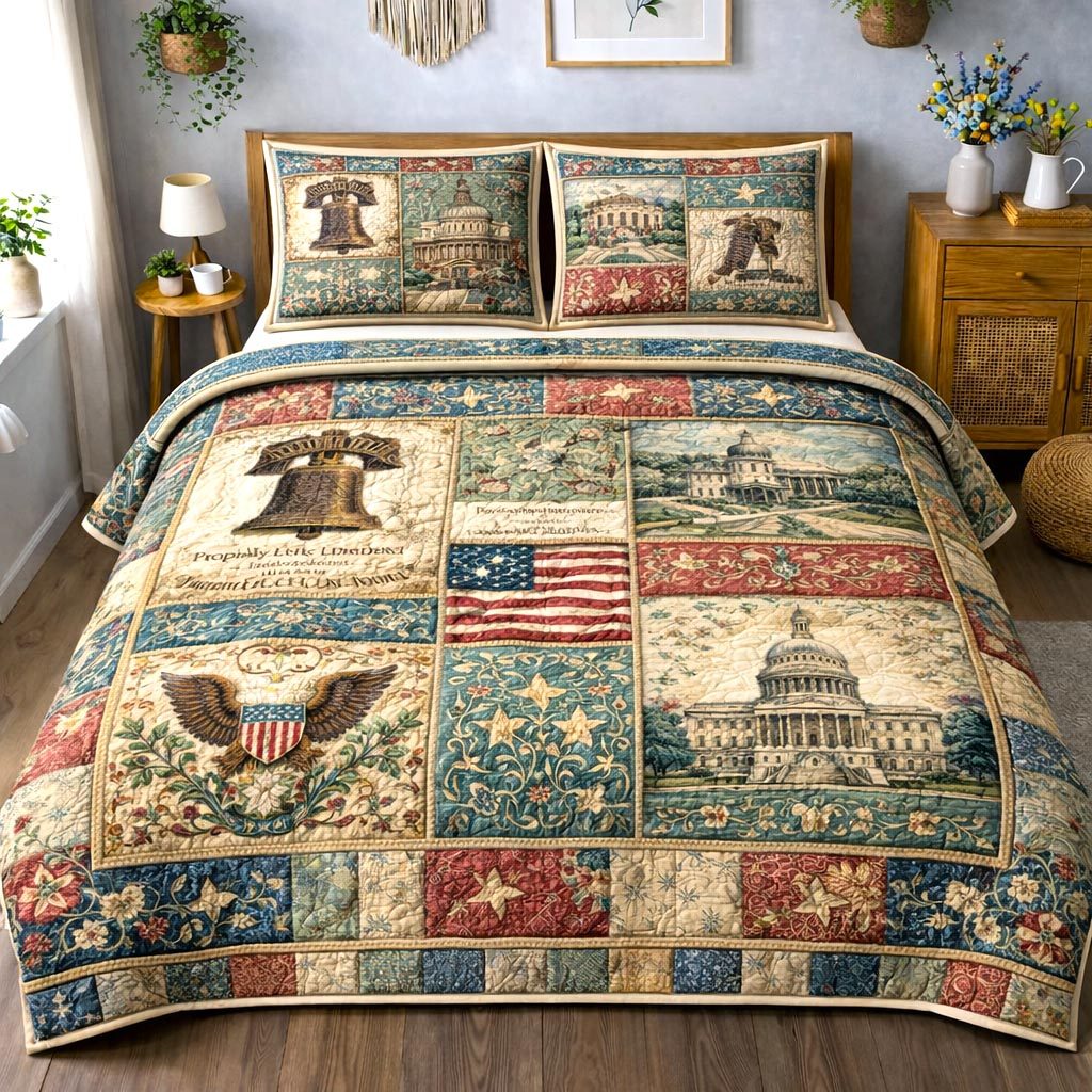 Patriot Glory quilted 3-piece bedding set on a made bed in a warmly lit bedroom