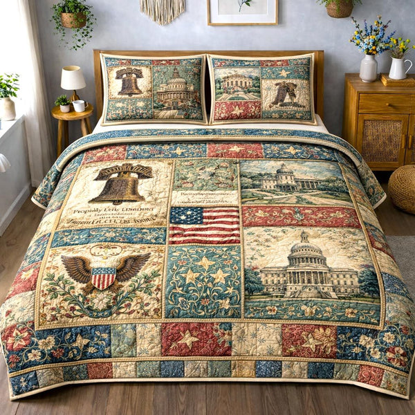Patriot Glory quilted 3-piece bedding set on a made bed in a warmly lit bedroom