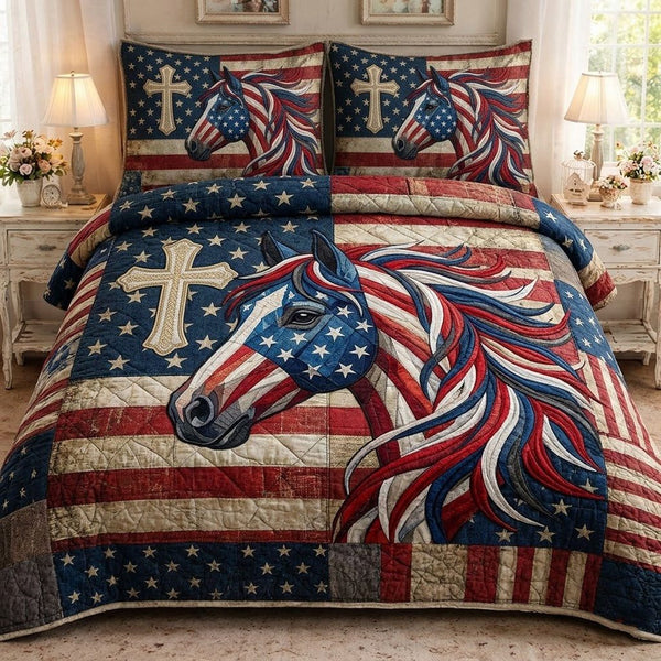 Patriot Horse quilted 3-piece bedding set on a made bed in a warmly lit bedroom