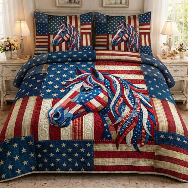 Patriot Horse quilted 3-piece bedding set on a made bed in a warmly lit bedroom
