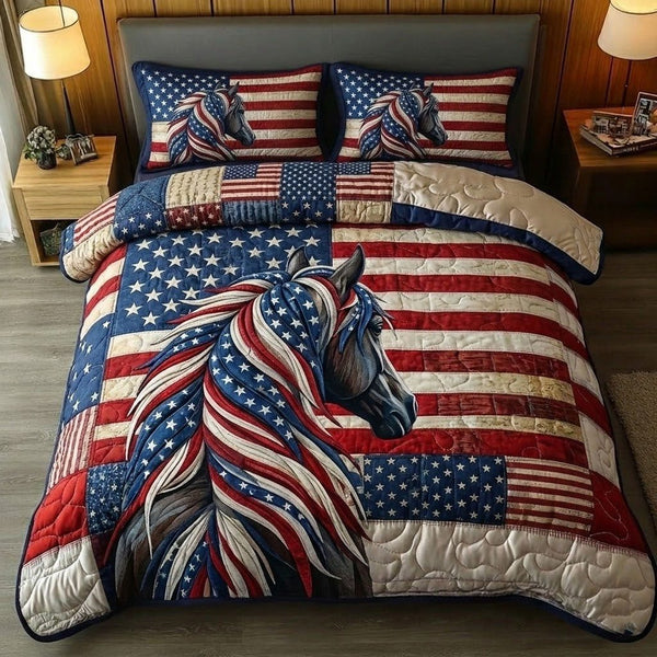 Patriot Horse quilted 3-piece bedding set on a made bed in a warmly lit bedroom