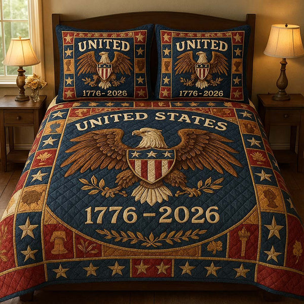 Patriot Legacy quilted 3-piece bedding set on a made bed in a warmly lit bedroom