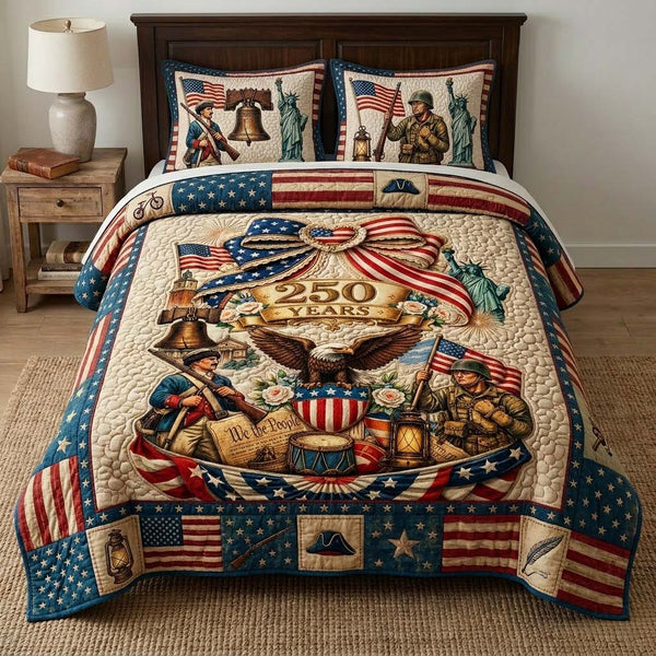 Patriot Legacy quilted 3-piece bedding set on a made bed in a warmly lit bedroom