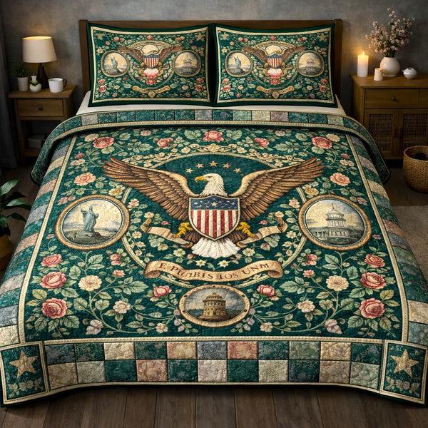 Patriot Legacy quilted 3-piece bedding set on a made bed in a warmly lit bedroom