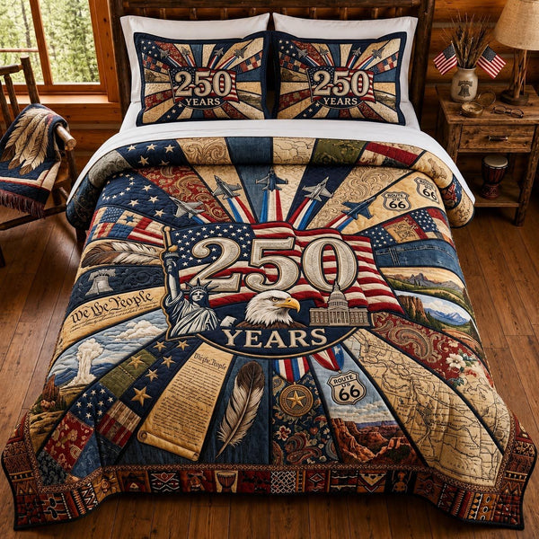 Patriot Legacy quilted 3-piece bedding set on a made bed in a warmly lit bedroom