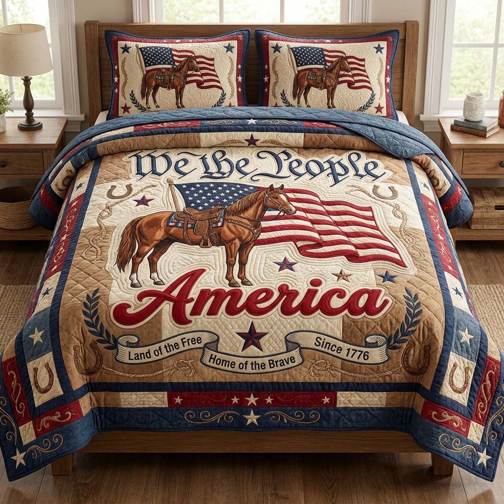 Patriot Liberty quilted 3-piece bedding set on a made bed in a warmly lit bedroom
