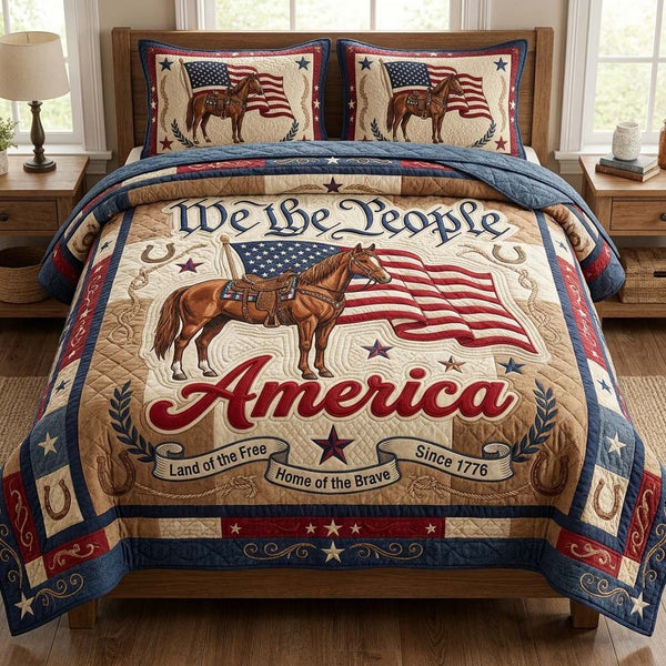 Patriot Liberty quilted 3-piece bedding set on a made bed in a warmly lit bedroom