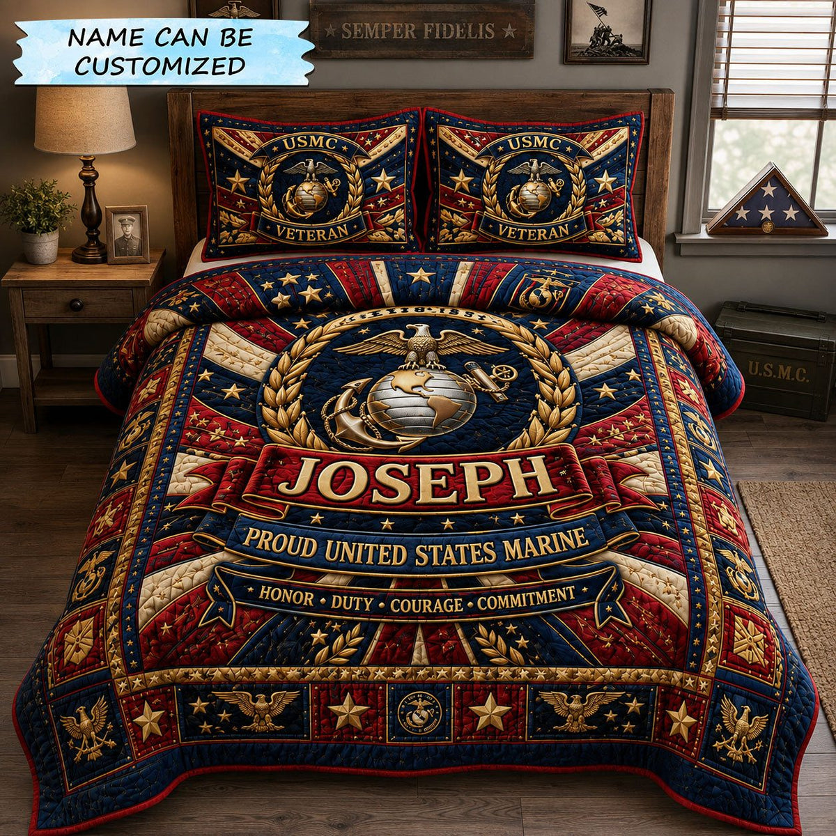 Patriot Marine Banner quilted 3-piece bedding set on a made bed in a warmly lit bedroom