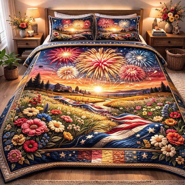 Patriot Palette quilted 3-piece bedding set on a made bed in a warmly lit bedroom