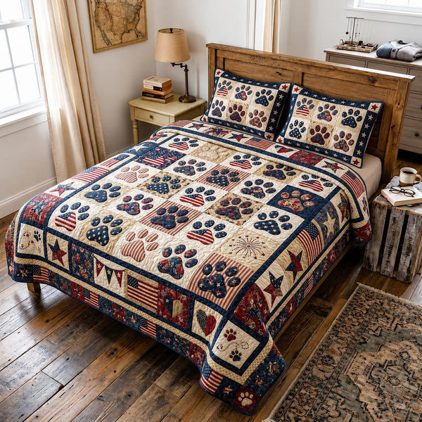 Patriot Paws quilted 3-piece bedding set on a made bed in a warmly lit bedroom