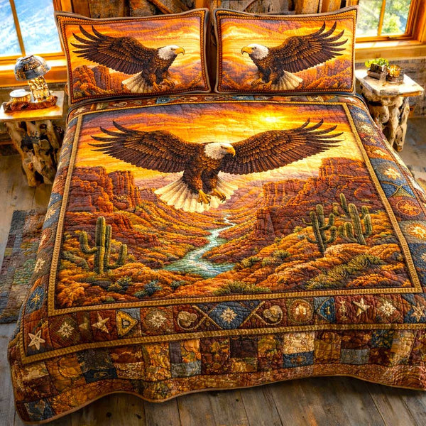 Patriot Pride quilted 3-piece bedding set on a made bed in a warmly lit bedroom