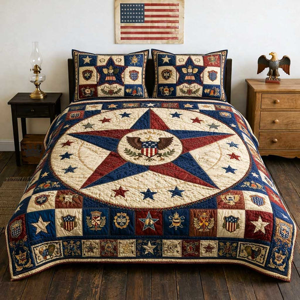 Patriot Pride quilted 3-piece bedding set on a made bed in a warmly lit bedroom