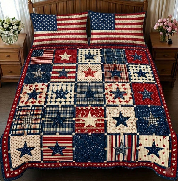 Patriot Pride quilted 3-piece bedding set on a made bed in a warmly lit bedroom