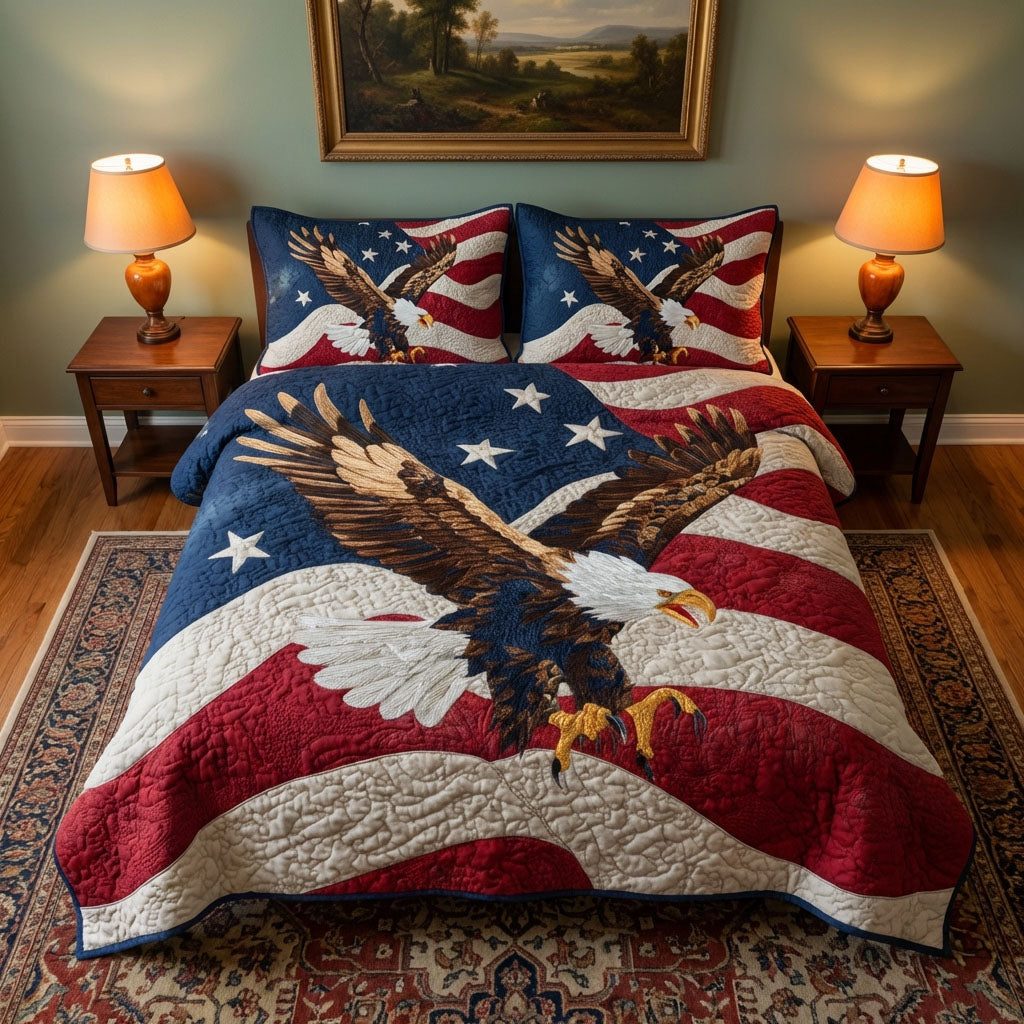 Patriot Pride quilted 3-piece bedding set on a made bed in a warmly lit bedroom